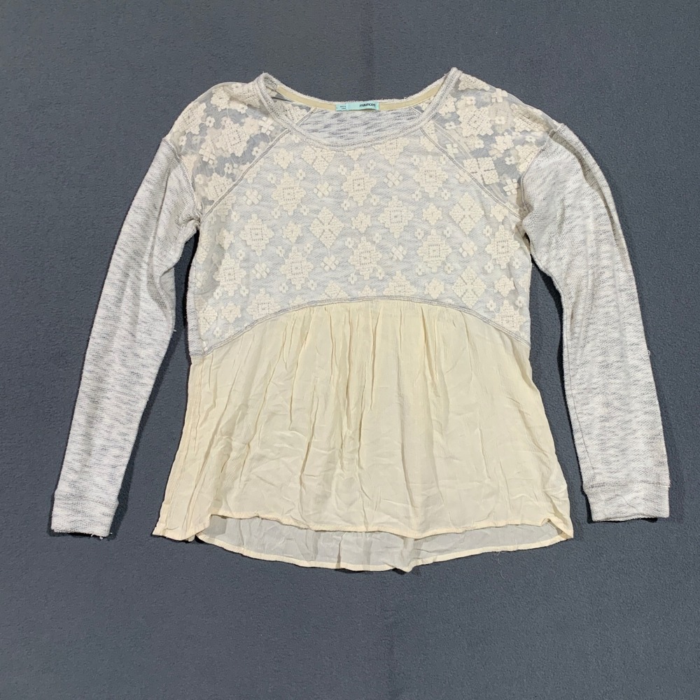 Y2K Style Womens‎ L Babydoll Gray Lace Knit Embroidered Long Sleeve Blouse Top